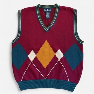 Vintage Par Four Burgundy Teal Yellow Knit Argyle Sweater Vest L Preppy Golf